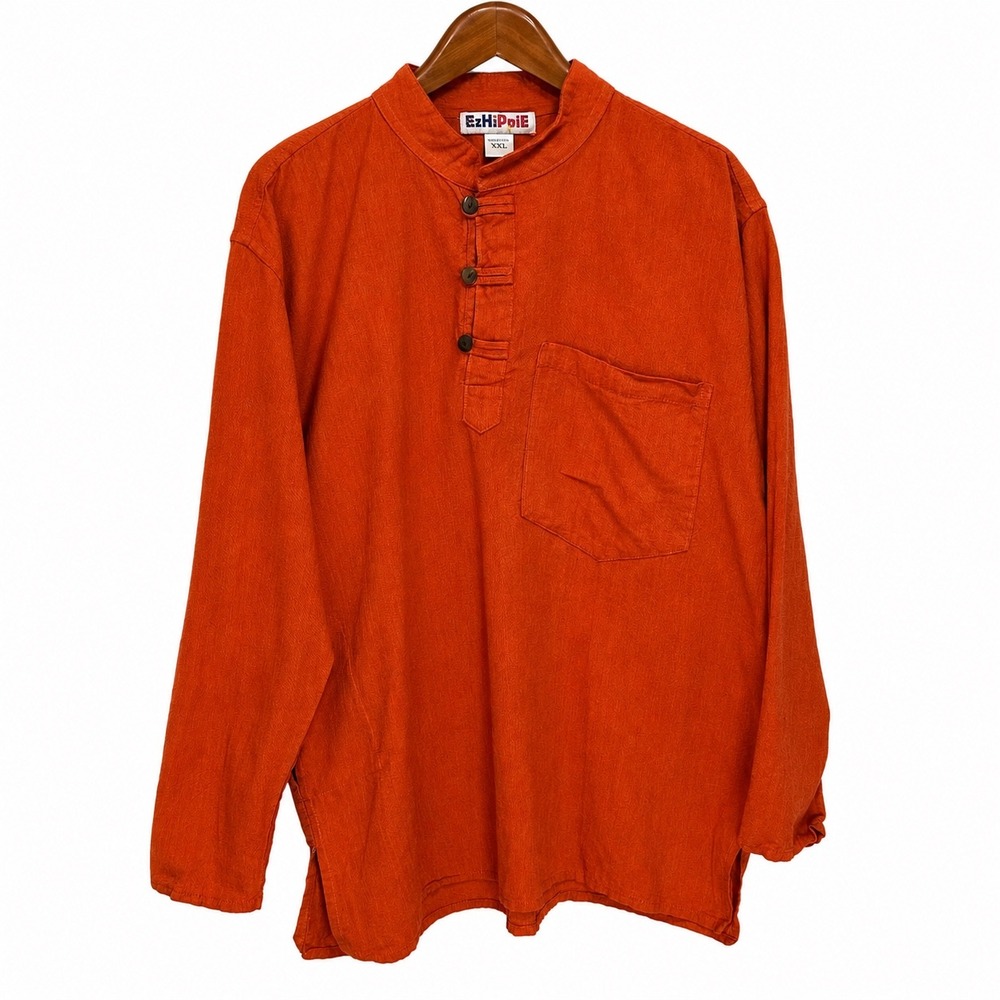 EzHippie Mens XXL Orange Cotton Long Sleeve Henley Kurta Shirt Made in Nepal